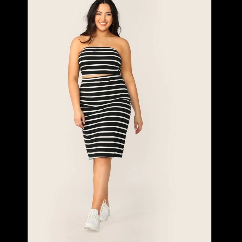 Plus striped bandeau top and pencil skirt set